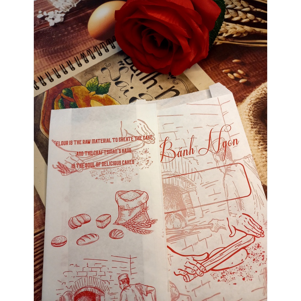 100 túi giấy ĐỰNG BÁNH MÌ TRUYỀN THỐNG Họa Tiết Bánh Ngon  / Giấy Thực Phẩm kraft