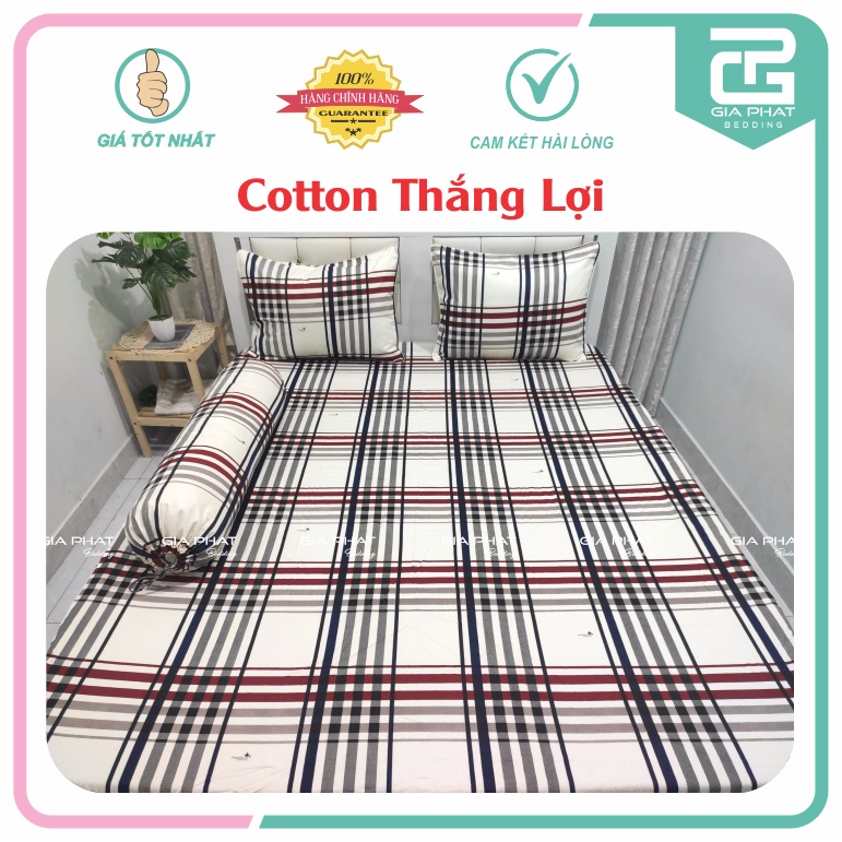 Bộ ga gối Thắng Lợi {4 món}100% Cotton chuẩn logo họa tiết Sọc