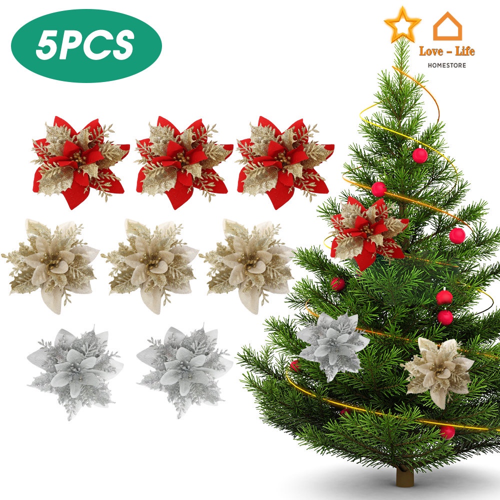 Bộ 5 Bông Hoa Nhân Tạo Màu Vàng Lấp Lánh Trang Trí Cây Thông Giáng Sinh