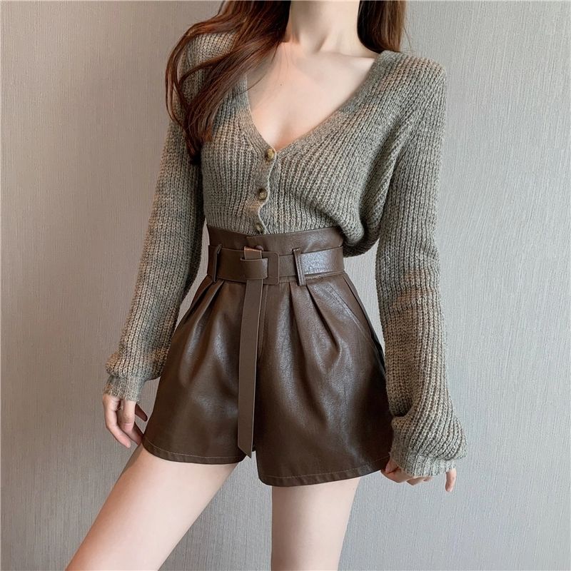 Quần Short Da Ms.5892 Quần Sooc Da Cạp Siêu Cao, Xếp Ly Ống Rộng, Kèm Đai