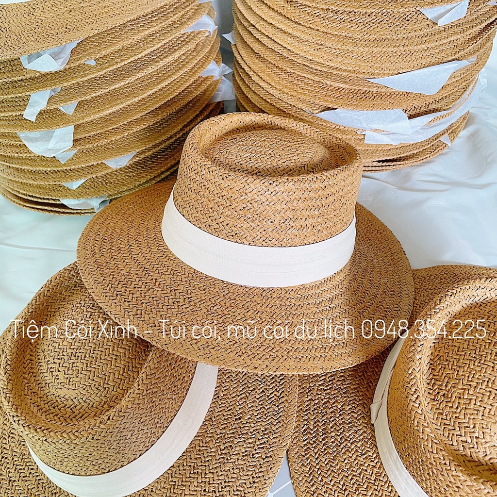 Mũ cói đi biển panama vintage nơ ruy băng xếp li dễ thương