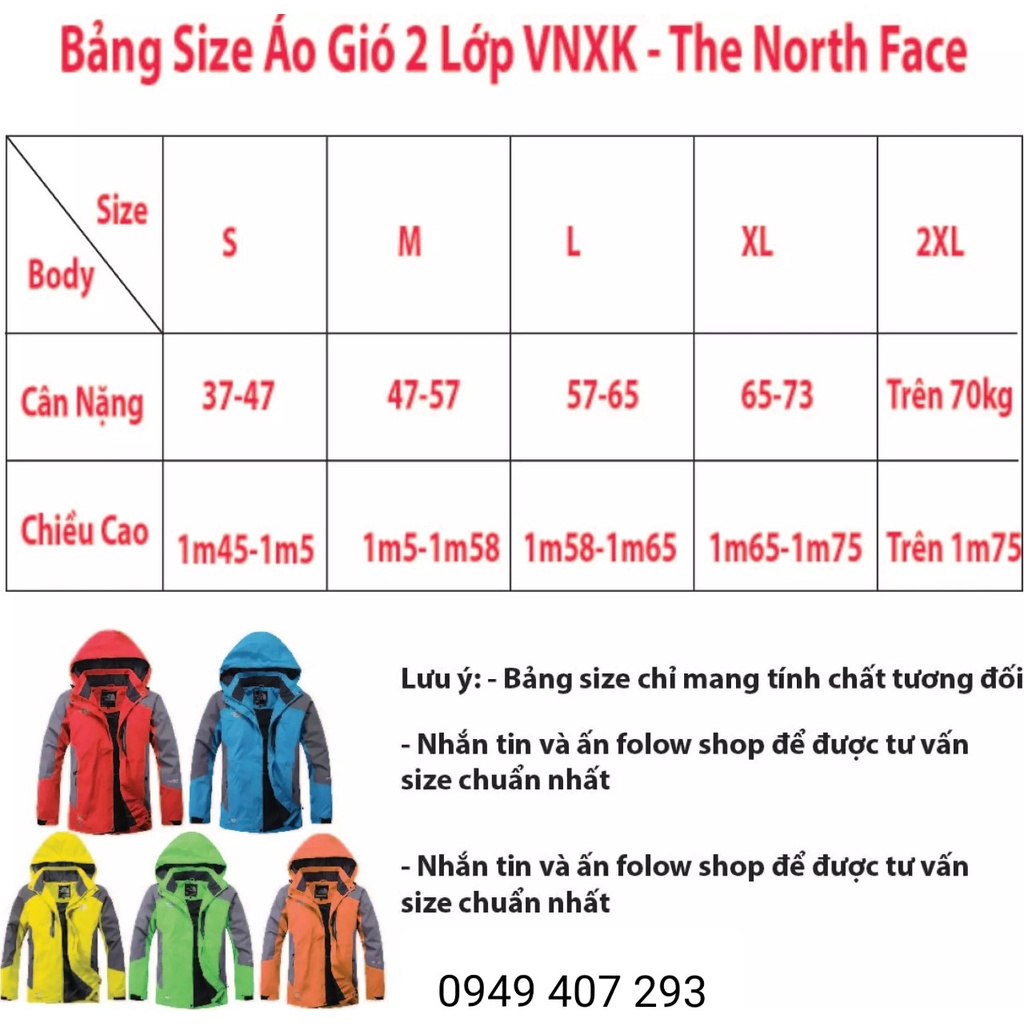 Áo khoác gió nam nữ 2 lớp THE NORTH FACE size châu á vải dù gore tex chống gió chống nước