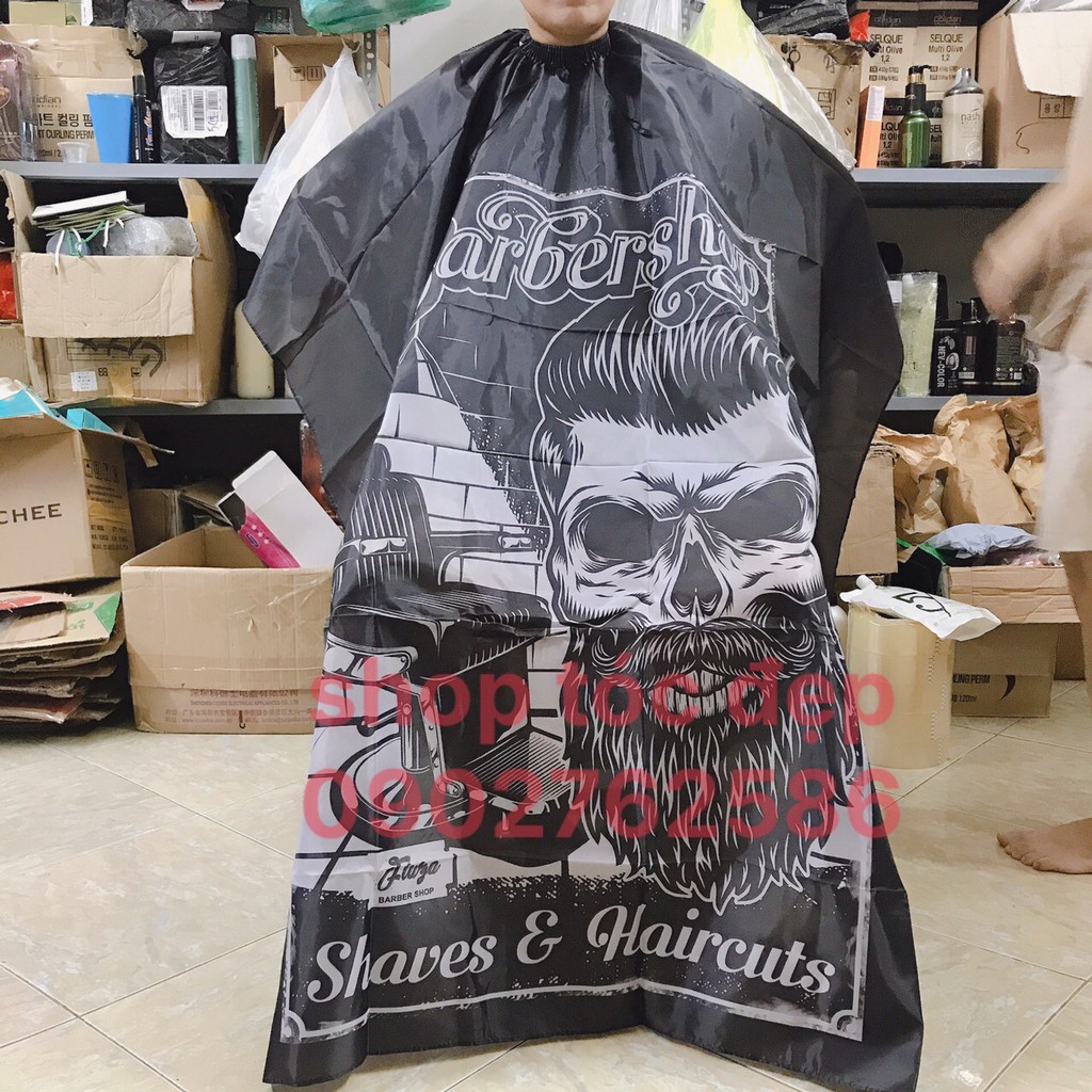 Áo choàng cắt tóc họa tiết Barber,móc cài kép kết hợp với thun cổ tiện lợi