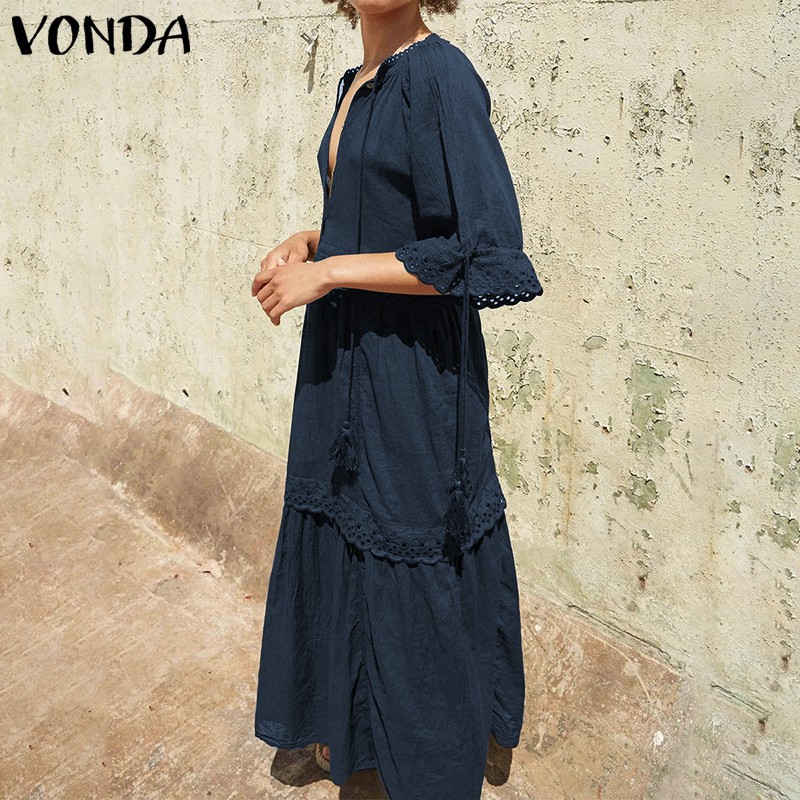 Đầm Cotton Linen VONDA Dáng Rộng Tay Lửng Phối Nút Thời Trang Cho Nữ