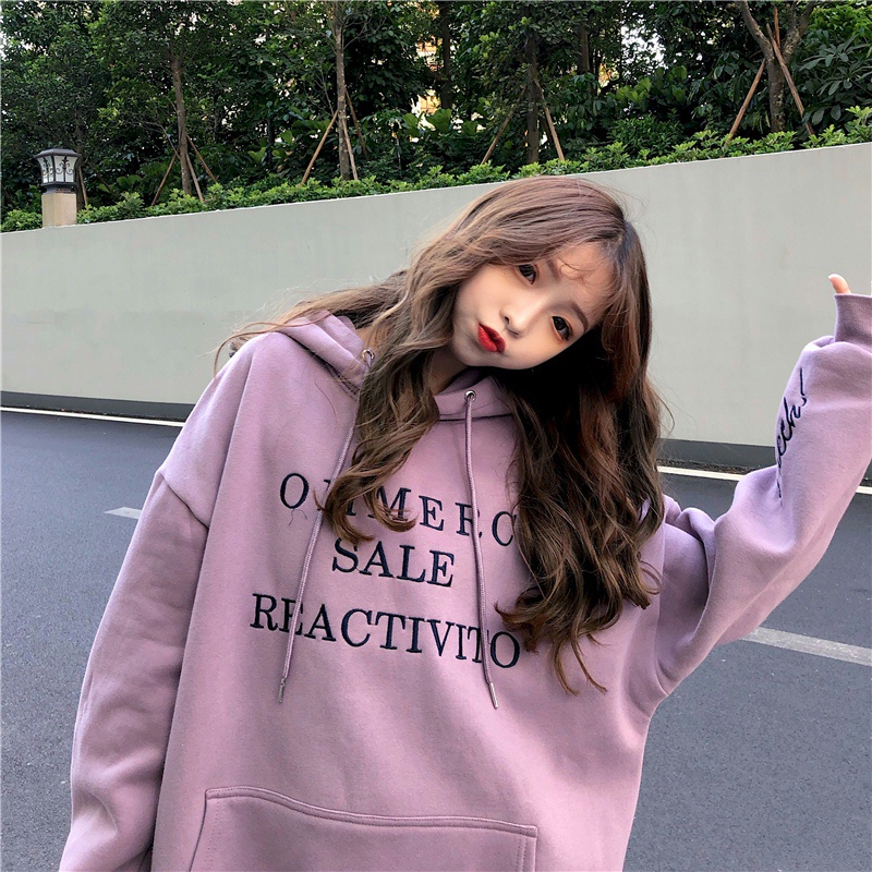 Áo hoodie SUXI dáng rộng thêu họa tiết chữ cái phong cách Hàn Quốc retro thời trang mới dành cho nữ