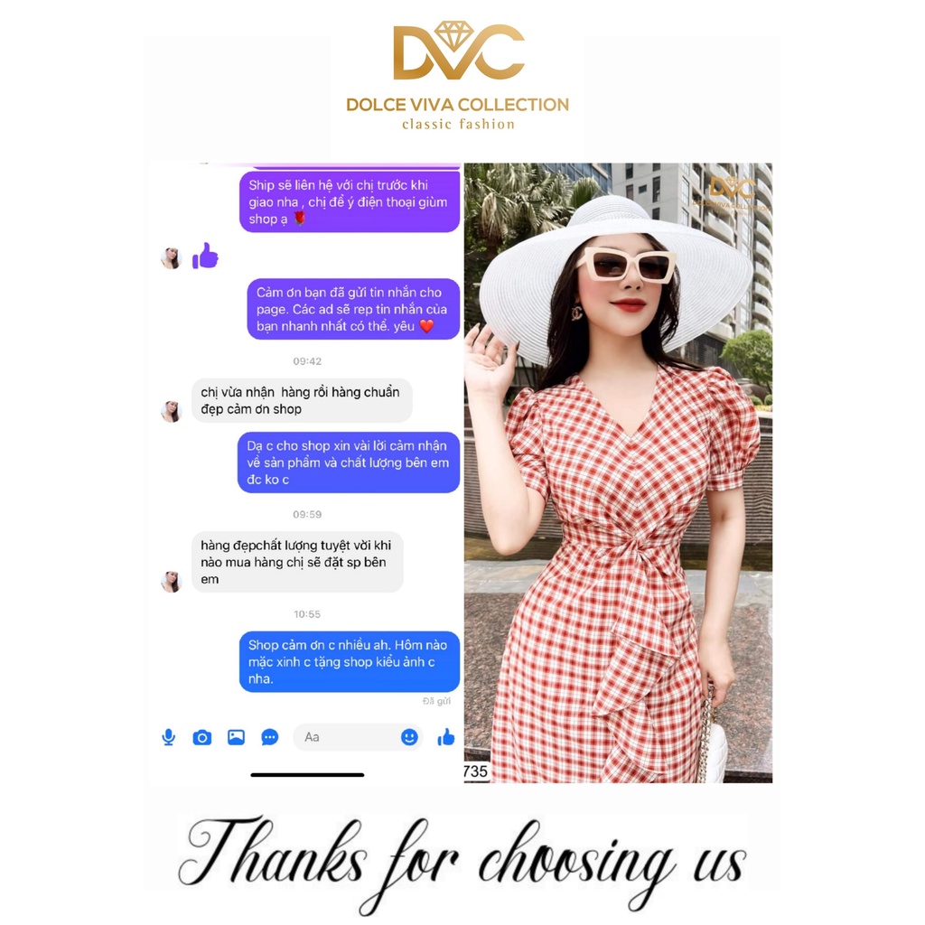 (kèm video và ảnh sàn)  VÁY KẺ NÂU TÂY CỔ V BÈO THÂN V2735 -  DOLCE VIVA COLLECTION