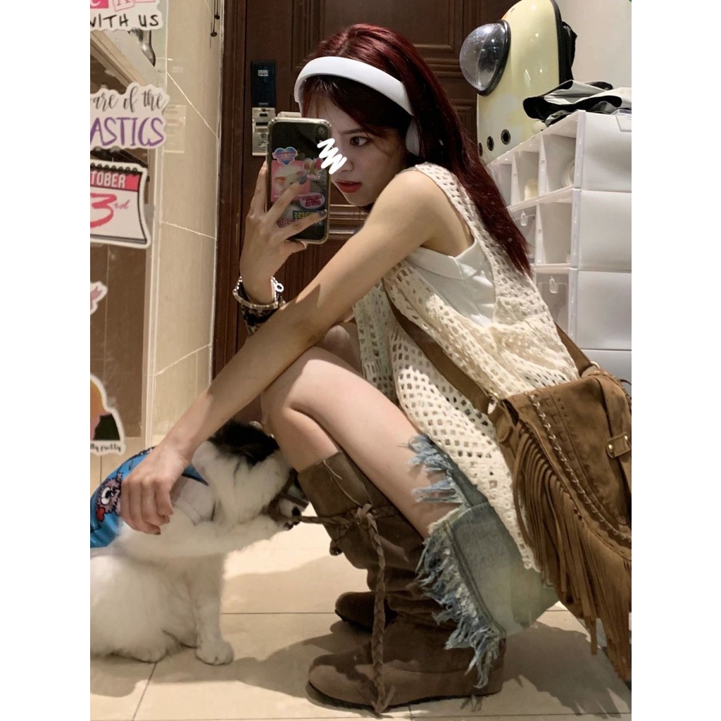 Quần Short Jean Ống Rộng Lưng Cao Phối Rách Phong Cách Retro Thời Trang Mùa Hè 2022