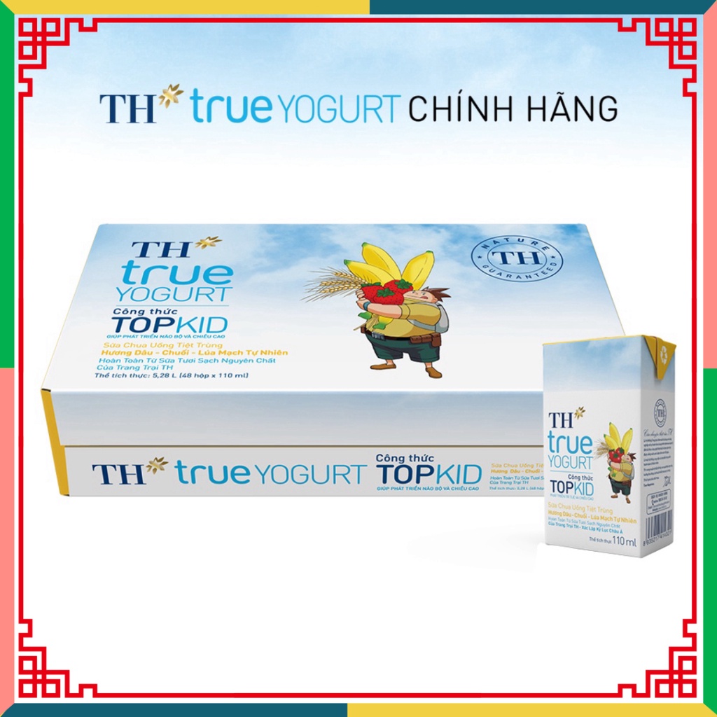 Thùng 48 hộp hộp sữa chua uống khử trùng TOPKID hương dâu-chuối-lúa mạch đương nhiên TH True Yogurt 110ml (110ml x 48) (