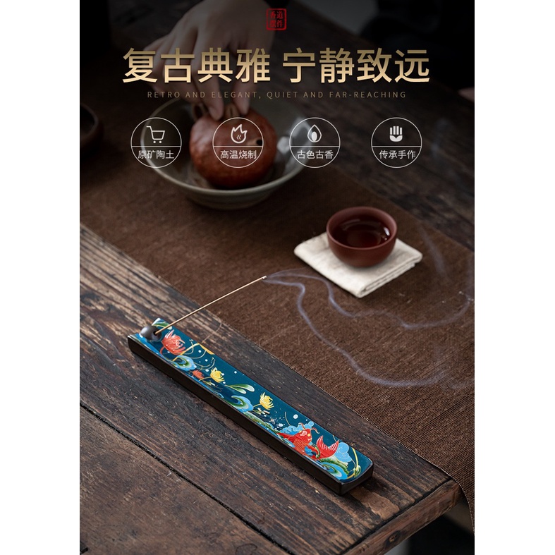 Khay Cắm Nhang, Dụng Cụ Cắm Nhang Trầm Que Không Tăm, Lư Hương Xông Đốt Trầm Hương Bằng Gốm Vẽ Họa Tiết Đẹp Mắt
