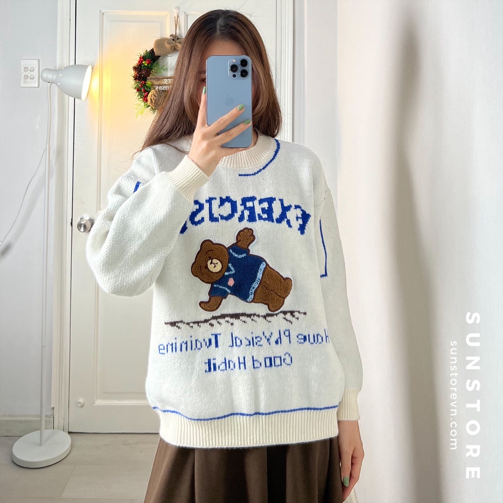 Áo sweater len hình gấu form ôm Ulzzang