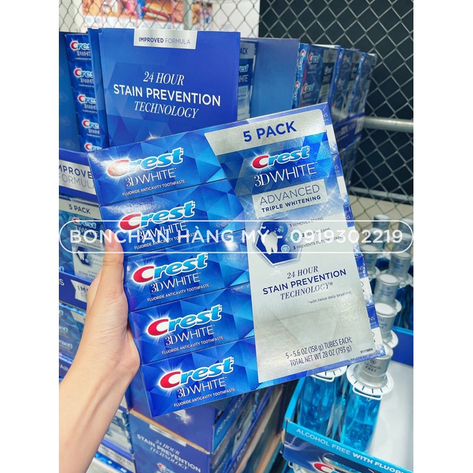 Kem đánh răng Crest 3D White Advanced Triple Whitening công nghệ làm trắng 3 lần