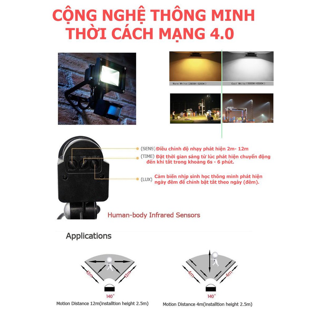 Đèn pha led cảm ứng chống trộm Led 10W ánh sáng vàng ấm áp và thân thiện