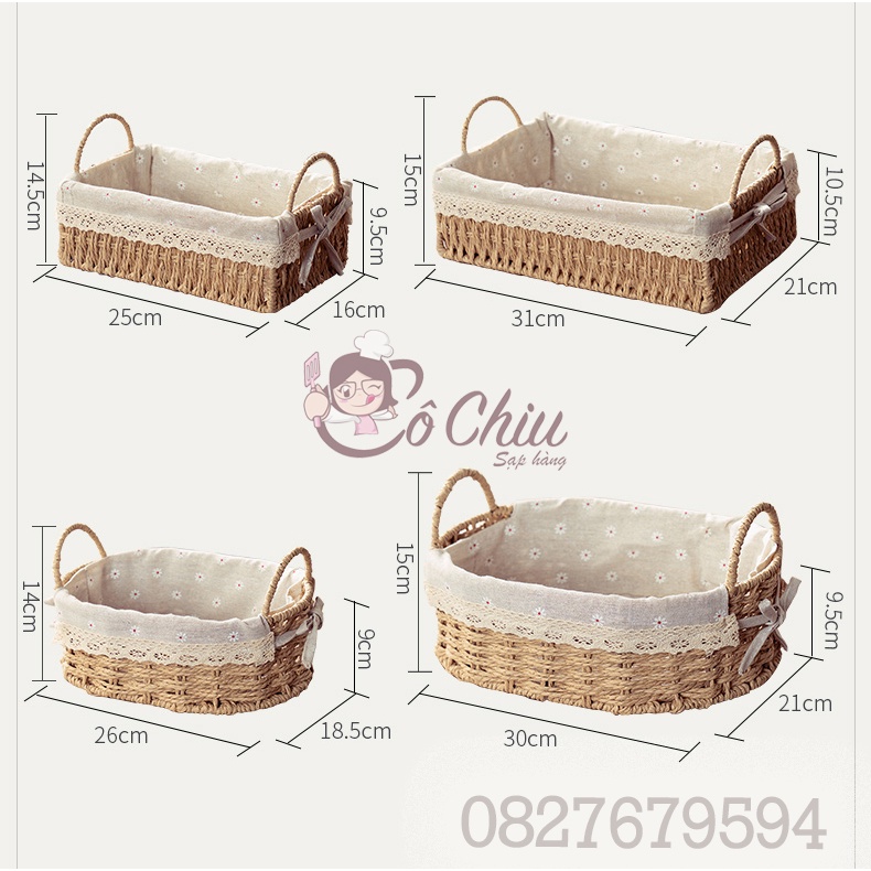Giỏ mây lót vải CÓ QUAI đựng đồ vintage, giỏ đi picnic, để bàn decor