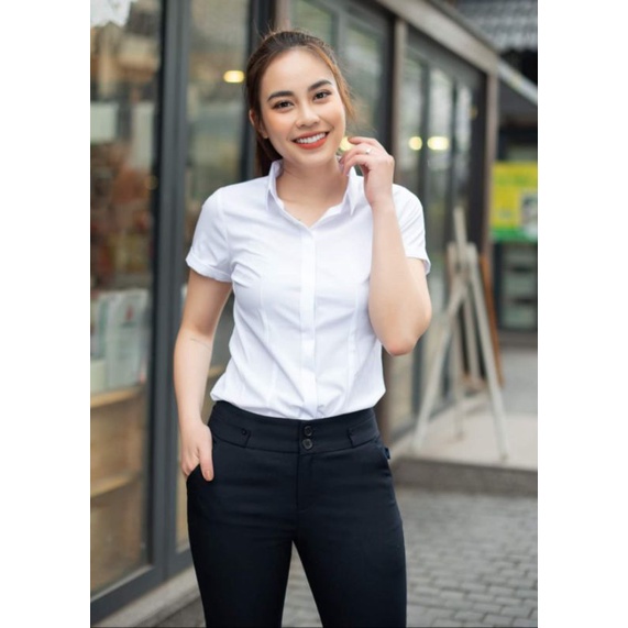 Sơ Mi trắng tay ngắn LINH CHI vải lụa loại 1 hàng cao cấp mềm mịn mát không nhăn form đẹp