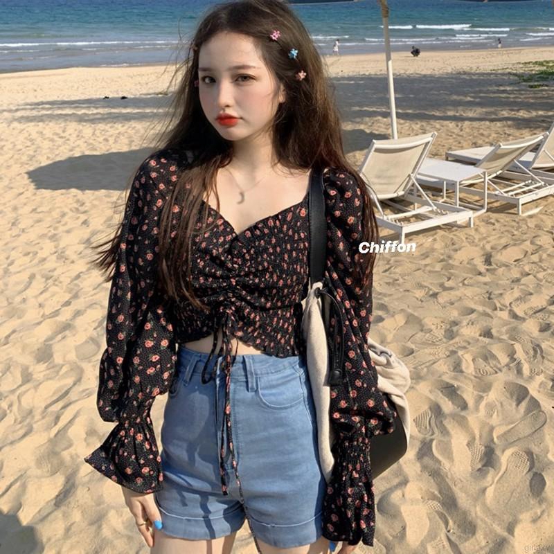 Áo kiểu trễ vai họa tiết hình hoa dễ thương cho nữ | BigBuy360 - bigbuy360.vn