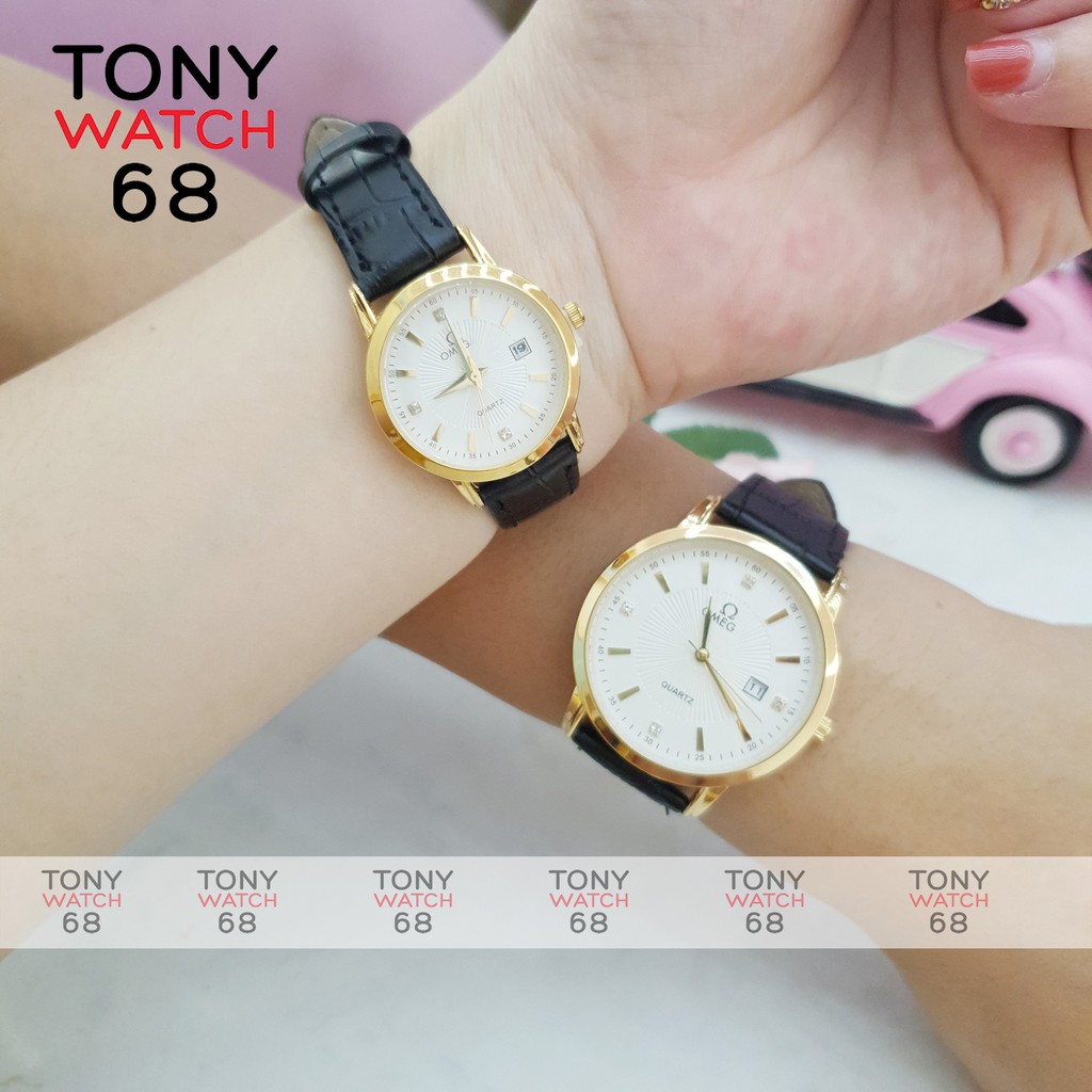 Đồng hồ đôi nam nữ OMG dây da viền mạ vàng chống nước chính hãng Winsley | BigBuy360 - bigbuy360.vn