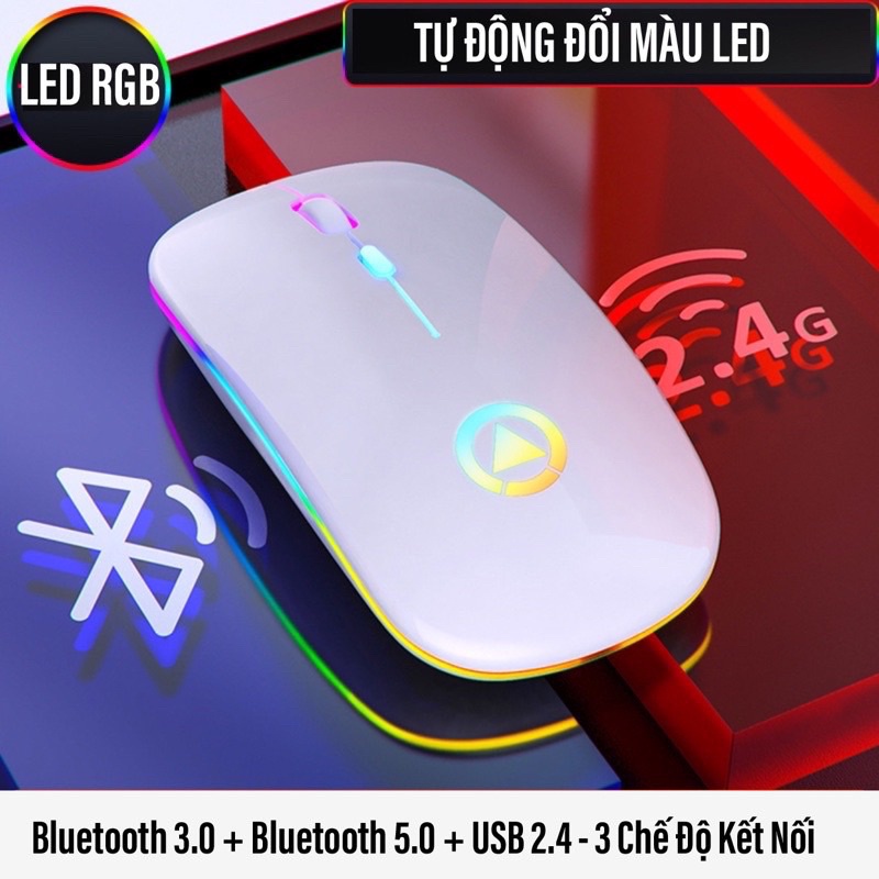 Chuột Không Dây USB 2.4 Và Bluetooth 3.0 Chống Ồn,Đèn Led RGB tự động đổi màu sang trọng .Pin Sạc Được Không Cần Thay