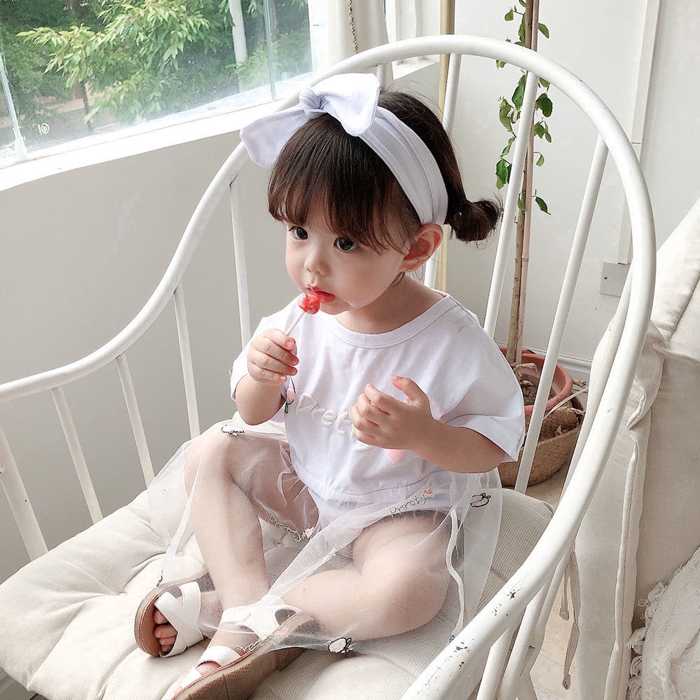 Bộ Áo Liền Quần Tulle Công Chúa Phong Cách Hàn Quốc Kèm Băng Đô Dành Cho Bé Gái Sơ Sinh