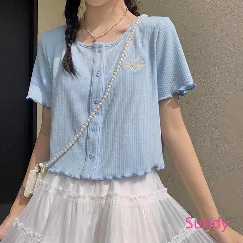 Áo Kiểu Cổ Tròn Dáng Rộng Thêu Họa Tiết Thời Trang Mùa Hè Hàn Quốc Cho Nữ