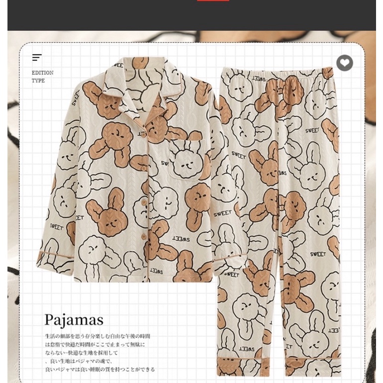 Bộ pijama cotton gân dài tay hàng quảng Châu cao cấp