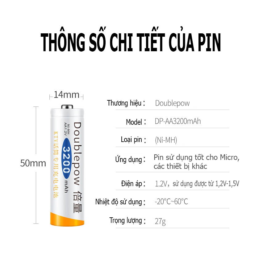 [Hàng chuẩn] Hộp 4 viên Pin AA sạc lại Doublpow dung lượng 3200mAh (màu cam KTV) - dành cho Micro Karaoke