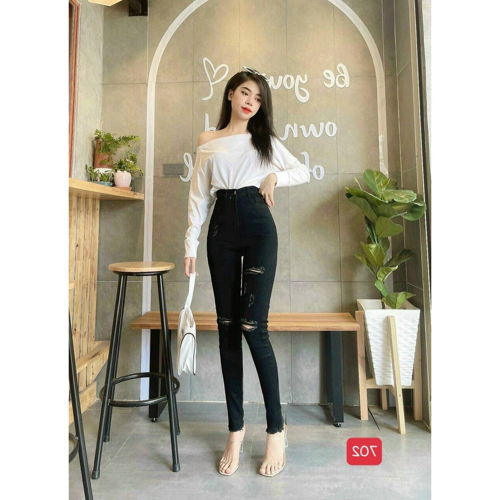 Quần jean nữ lưng cao đen rách cao cấp -chất denim co dãn tốt - quần chuẫn shop BEN Shop0807 HN13