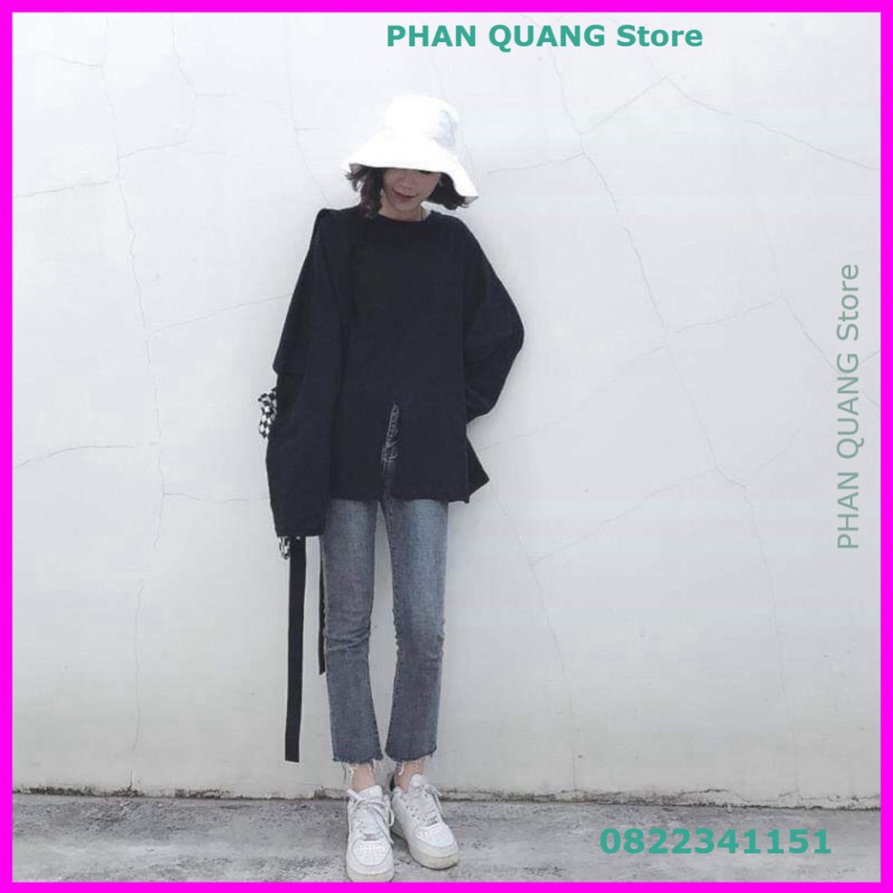 👗 ÁO THUN NỈ NỮ DÀI TAY XẺ VẠT ĐEN TRẮNG FORM RỘNG ULZZANG - (Sp sẵn) PQ-Shop