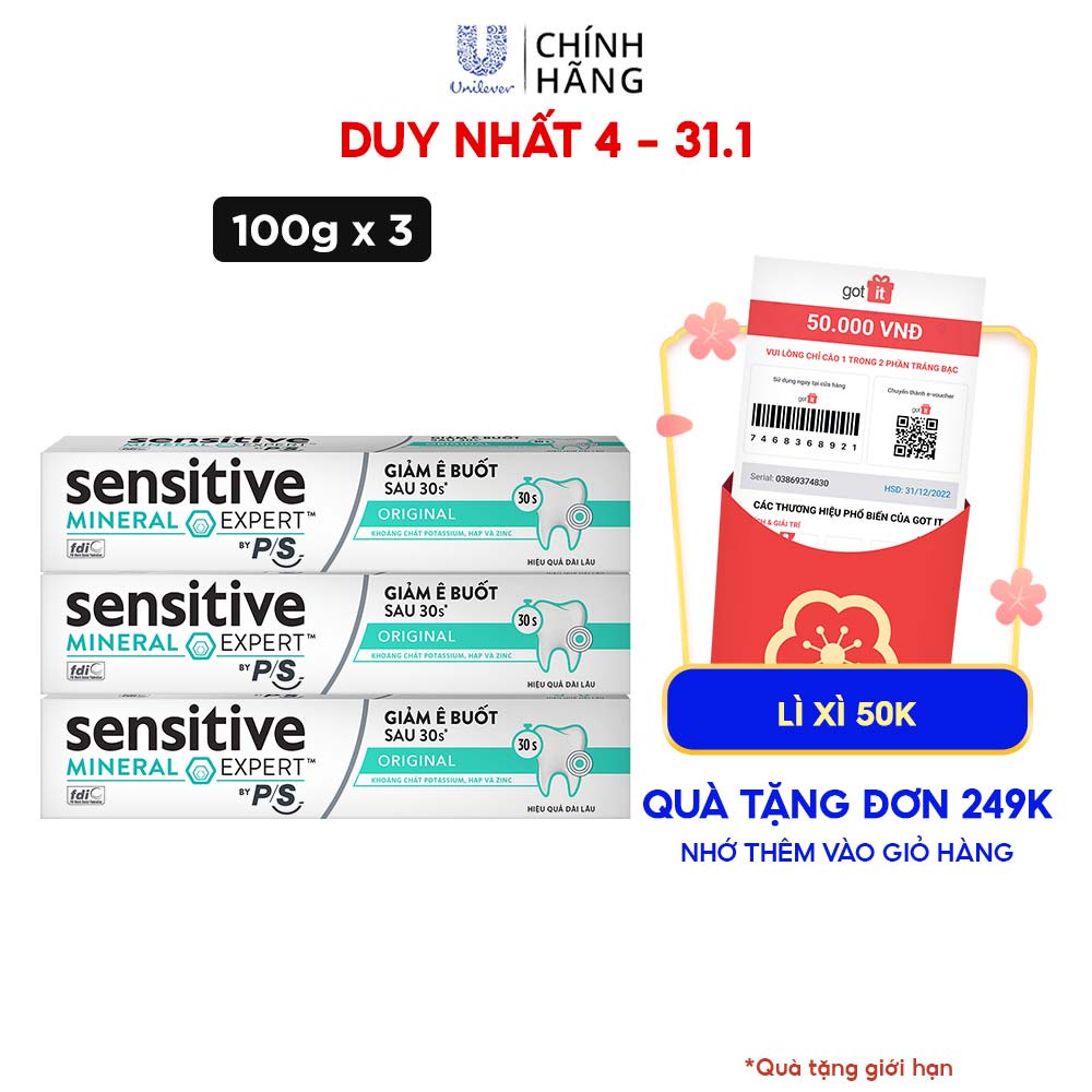 Bộ 3 Hộp Kem đánh răng P/S giảm ê buốt sau 30 giây Sensitive Mineral Expert Original với tác động từ khoáng 100g