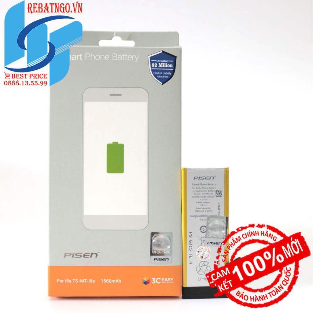 Pin Pisen chính hãng cho Iphone 5S 1560mAh chuẩn 3C Easy certificate