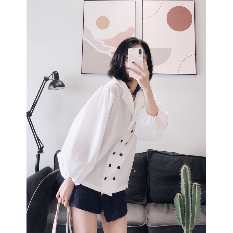  áo cổ vest 2 hàng nút đen tay bồng | BigBuy360 - bigbuy360.vn