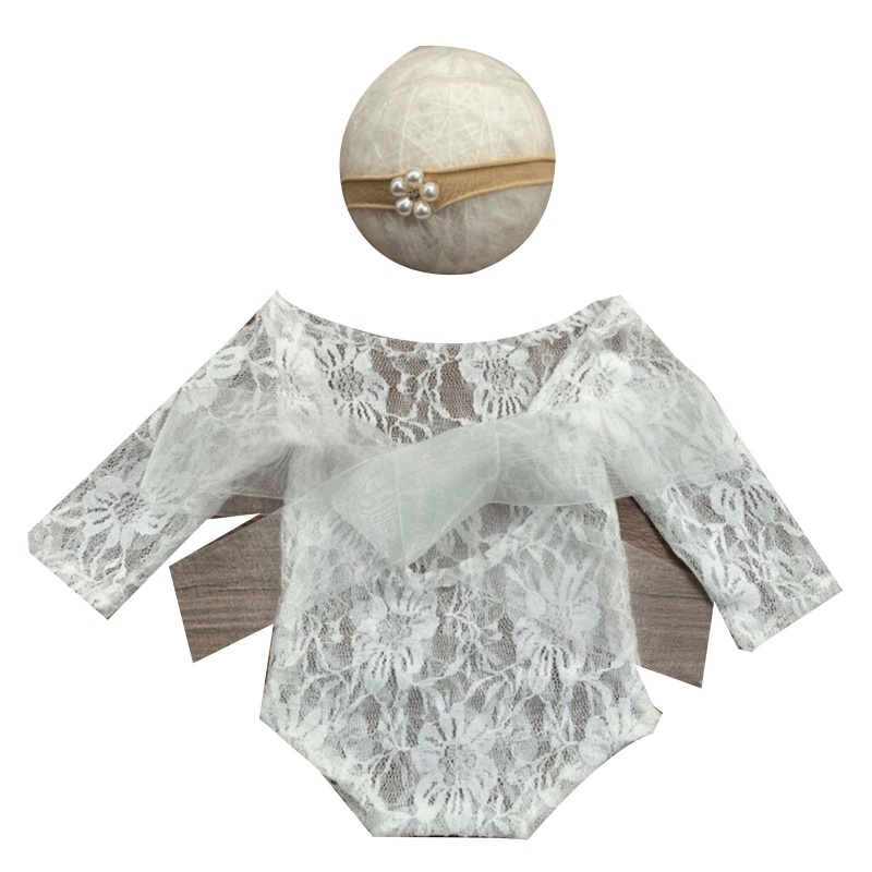 Bộ Áo Liền Quần Phối Ren Hoa + Băng Đô Đeo Đầu Làm Phụ Kiện Chụp Ảnh Cho