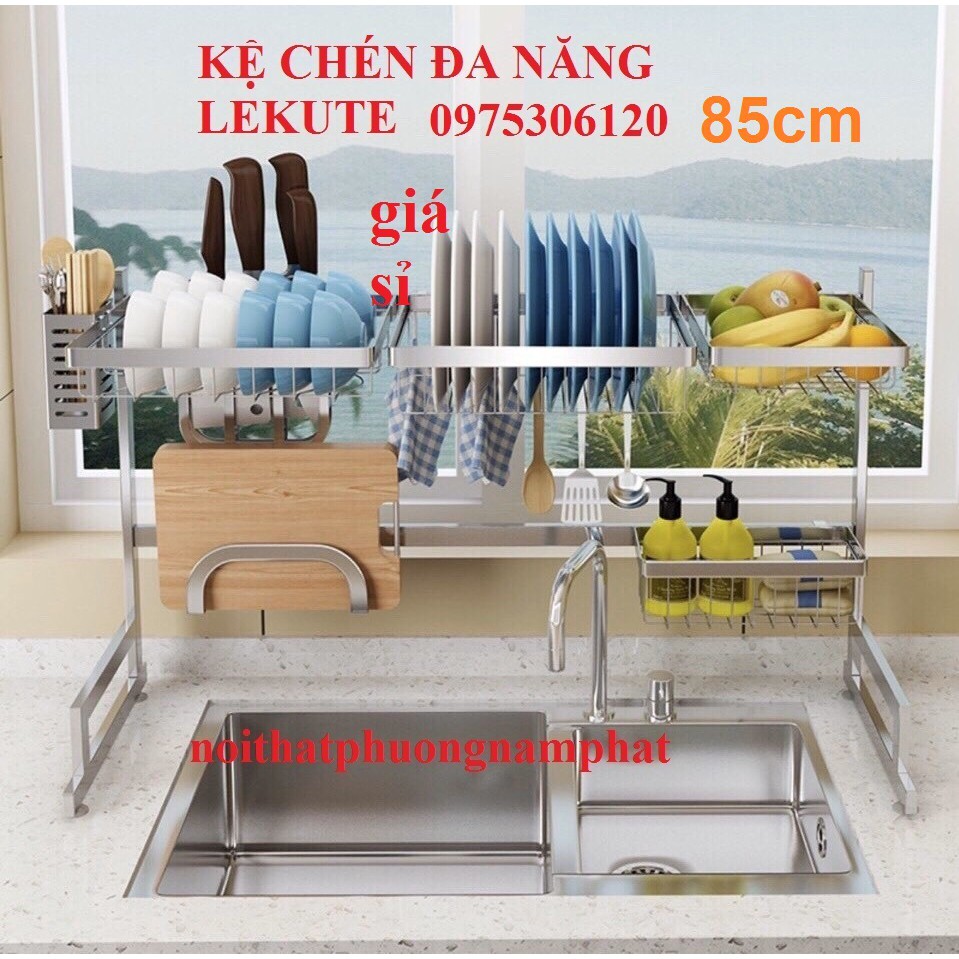 [GIÁ SỈ CHẠY SỐ LƯƠNG} KỆ 85CM Trắng Kệ Chén Đa Năng LEKUTE 100% INOX 304 ĐẶT TRÊN THÀNH CHẬU 2 HỘC THÔNG MINH TIỆN LỢI