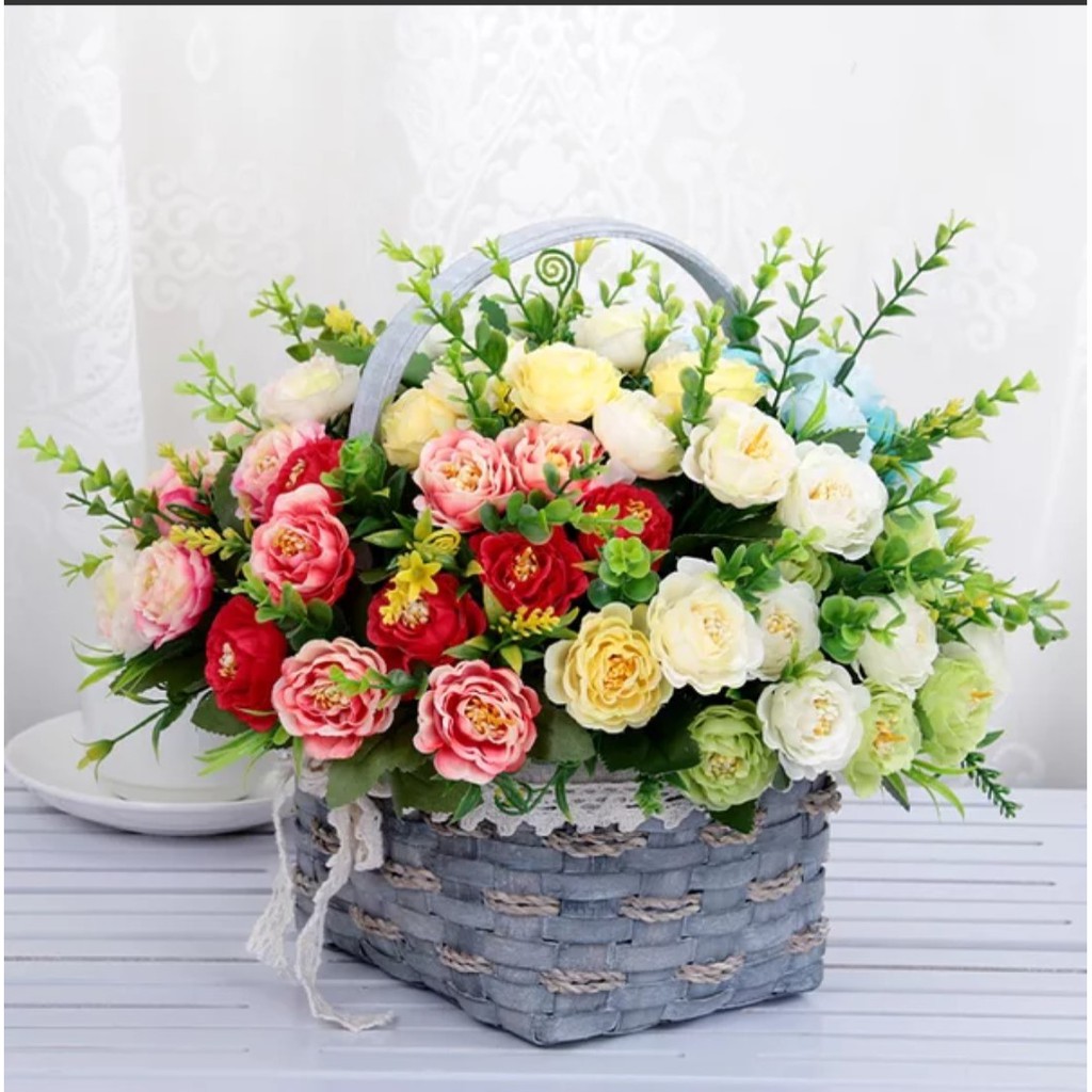 Hoa lụa, lọ hoa trà tuyệt đẹp để bàn trà trang trí nhà cửa, văn phòng (Kèm bình sứ)