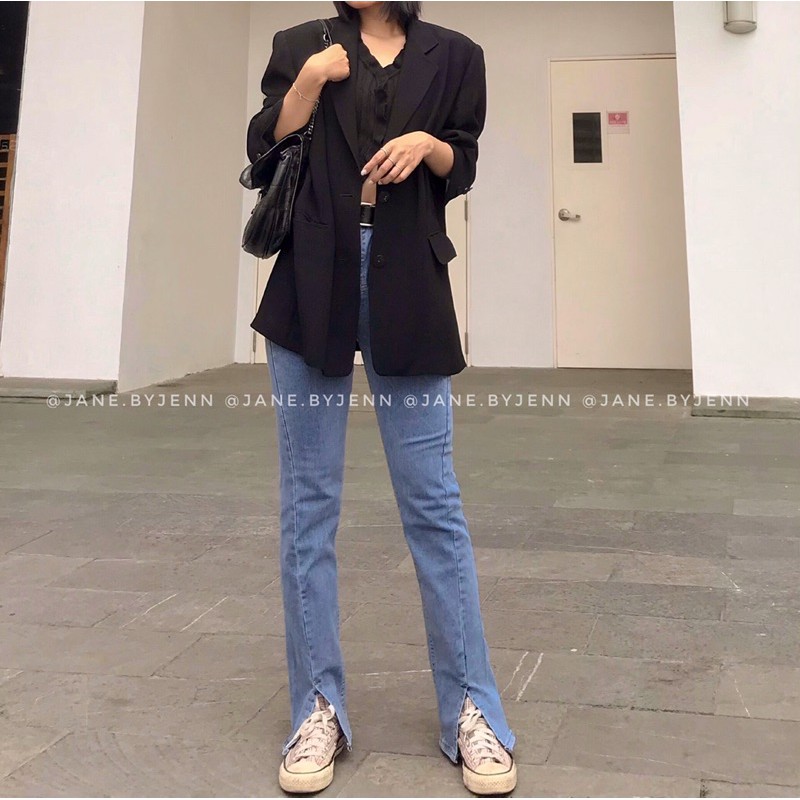 [Mã SKAMA06 giảm 8% tối đa 50K đơn 250K] Quần jeans ống loe co dãn cạp cao xẻ gấu