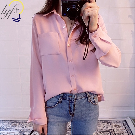 Thời Trang Nữ Áo,Phiên bản Hàn Quốc của áo sơ mi voan dài tay màu rắn,Polyester,Kích Thước S-2XL【lyfs】