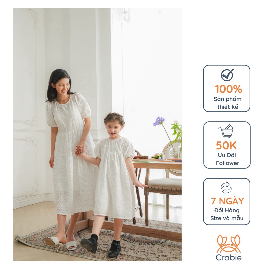 Váy tiểu thư cho bé CRABIE tay bồng thêu hoa hai lớp - Anna Dress - Trắng