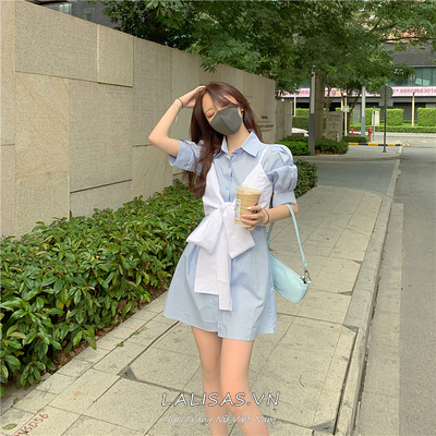 Đầm midi tay ngắn phối áo buộc nơ ngực thời trang | BigBuy360 - bigbuy360.vn