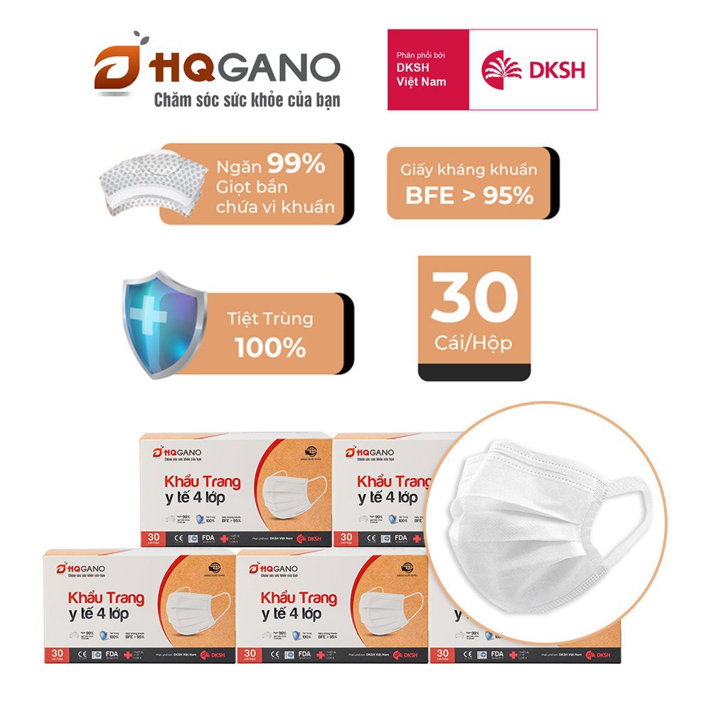 Khẩu trang y tế 4 lớp HQGANO kháng khuẩn, Hàng xuất khẩu (Hộp 30 chiếc) siêu mềm mại - quai tròn