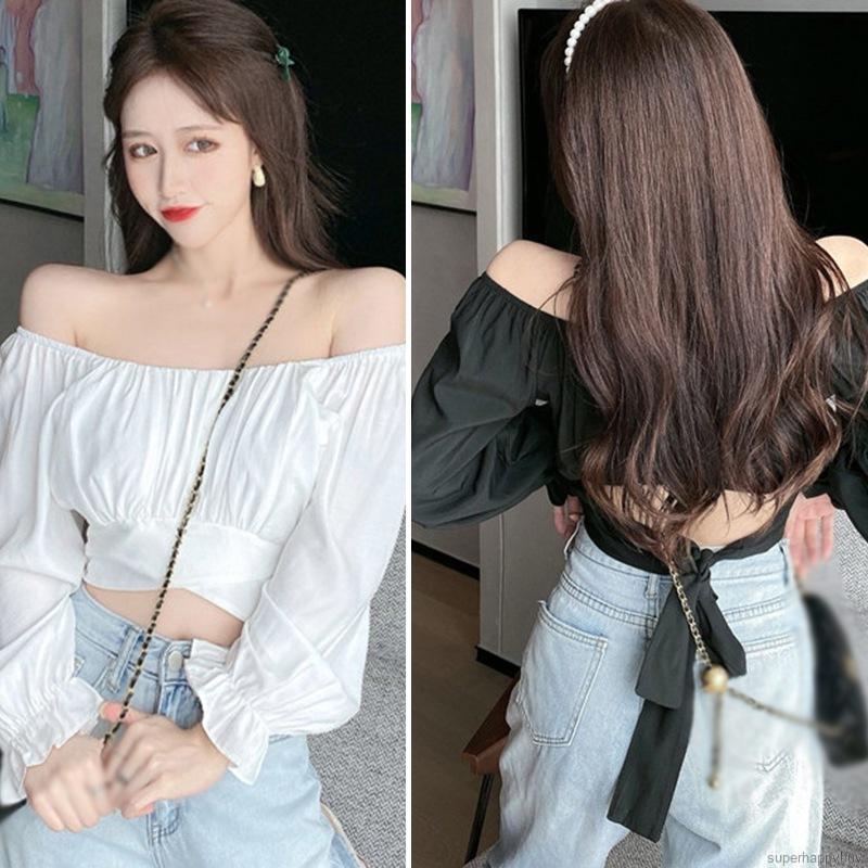 Áo croptop phong cách Hàn Quốc tay dài cổ vuông màu trơn phối nơ phía sau ngọt ngào gợi cảm cho nữ | BigBuy360 - bigbuy360.vn