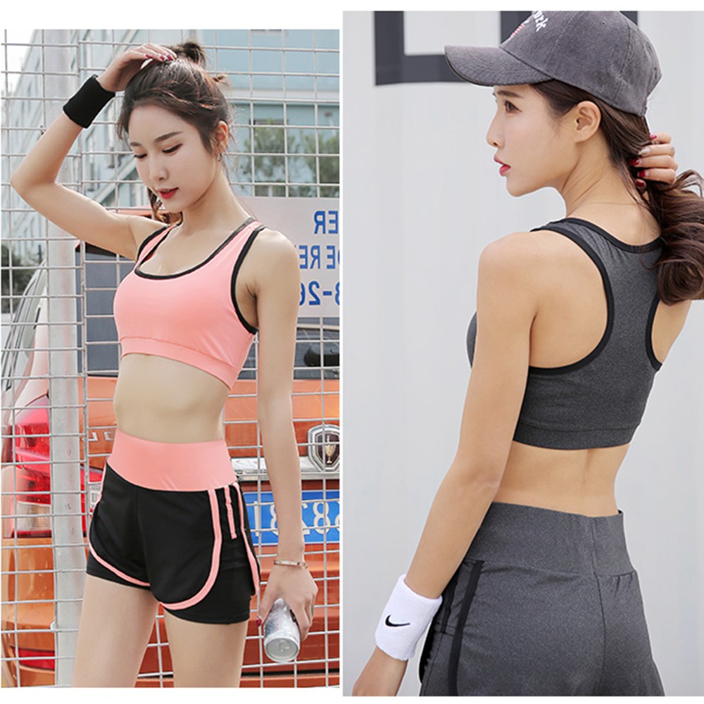 Bộ quần áo tập gym, yoga, thể thao nữ cao cấp AMIN AM007, Set Áo phông + Áo Bra + Quần đùi