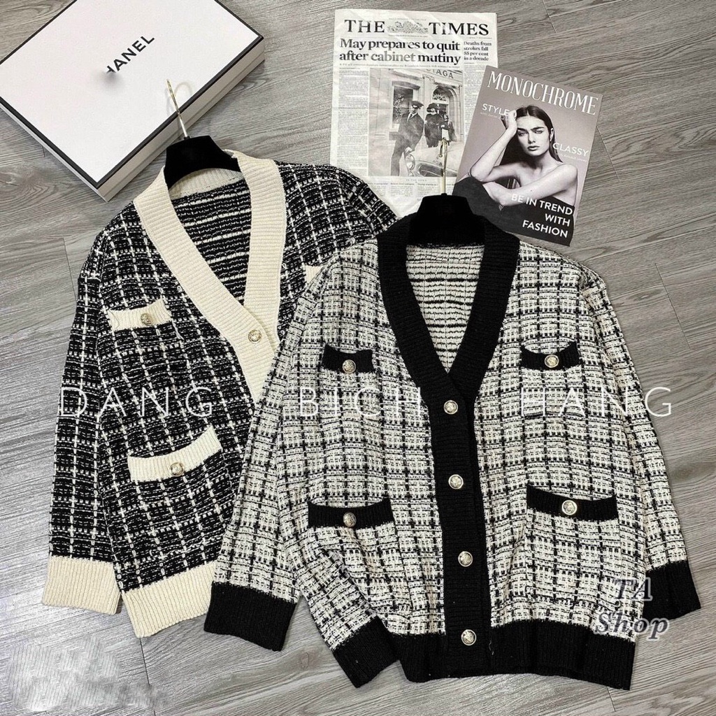 Áo Choàng Len Cadigan Cúc Vàng, Áo Cadigan Nữ Chất Len Nhũ Cao Cấp