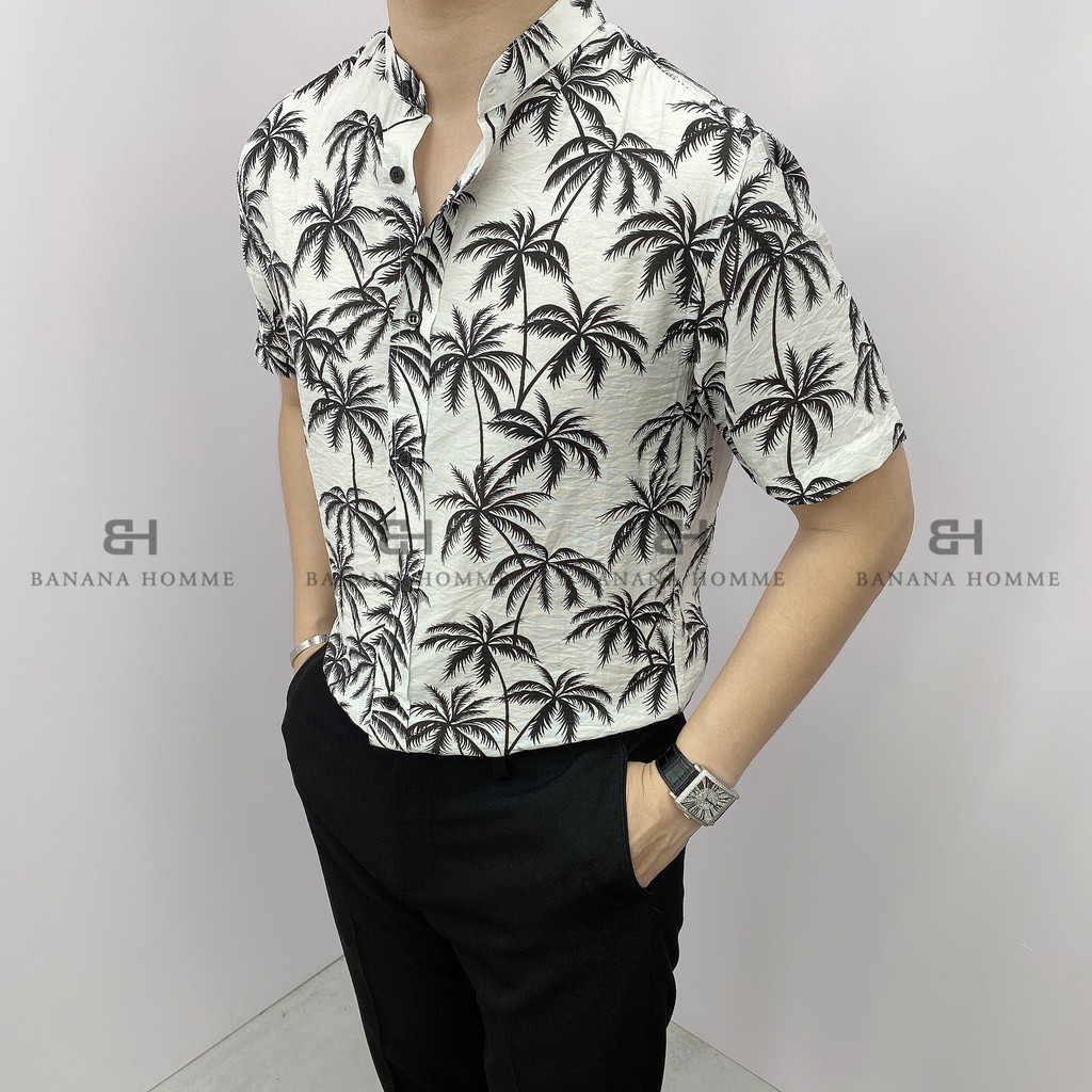 Áo Sơ Mi Nam Hoạ Tiết Palm Cổ tàu Cộc Tay BANANA HOMME Chất vải Linen thoáng mát, ít nhăn Cao Cấp, Trẻ Trung 2021 | BigBuy360 - bigbuy360.vn