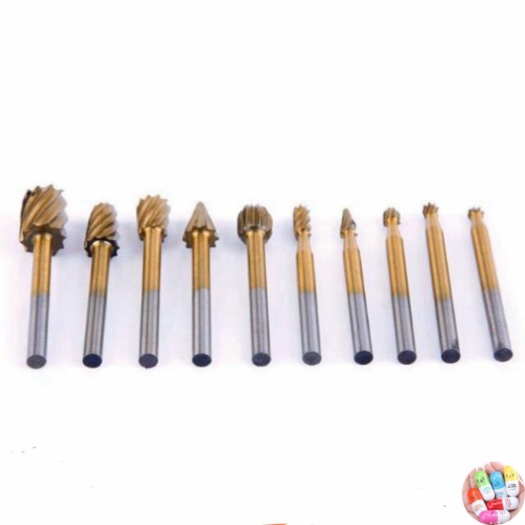 Bộ 10 mũi khắc phay điêu khắc gỗ thép HSS mạ titaniun cao cấp cán 3mm