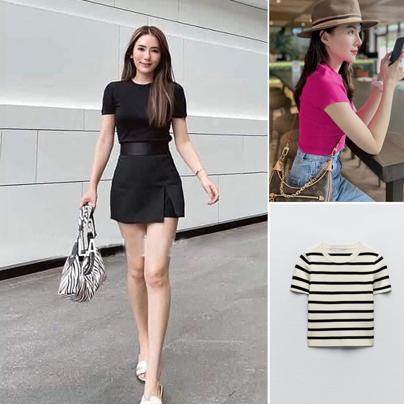 Áo Thun Lụa Lạnh Dệt Kim Tay Ngắn Cổ Tròn Dáng Ôm Thời Trang Mùa Xuân Hiệu Zara 3519025