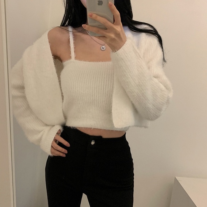 Set Áo Cardigan Dệt Kim + Áo Hai Dây Dài Tay Phong Cách Mới 45665