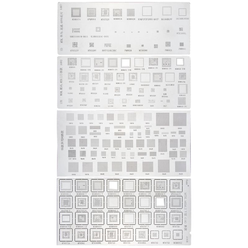 Bộ 4 Khuôn Bga Stencil Cho Mtk Msm Samsung Huawei Xiaomi Ipad Cpu Ram Pm Power Ic Reball