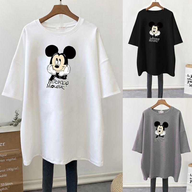 Áo thun dáng dài tay ngắn dáng rộng in họa tiết chuột mickey hoạt hình phong cách Hàn Quốc harajuku dành cho nữ