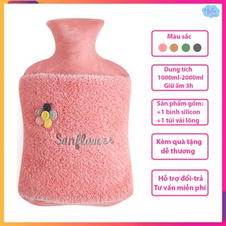 Túi chườm nóng lạnh đa năng họa tiết hình hoa dễ thương, chất liệu vải nhung bông mềm mại dung tích 1000ml-2000ml