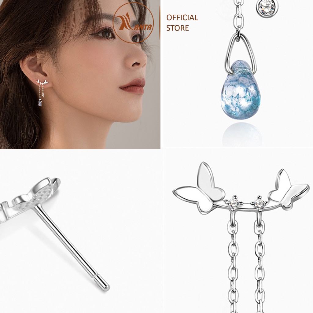 Bông Tai Bạc 925 ATJ7054B Hình Bướm Thả Dài Đính Đá Pha Lê Xanh Phong Cách Hàn Quốc -  ANTA Jewelry