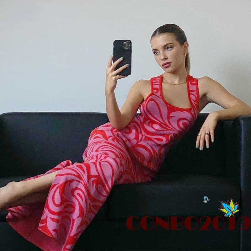 Đầm Maxi Không Tay Xẻ Tà Hở Lưng In Họa Tiết Quyến Rũ Cho Nữ